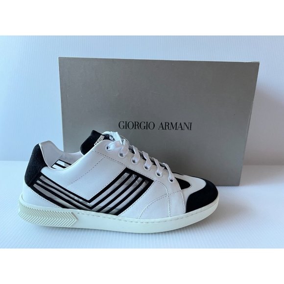 Giorgio Armani White/Black Leather Lace-Up Sneakers, Size 8.5 (US) 38.5 (EU) - Picture 1 of 12